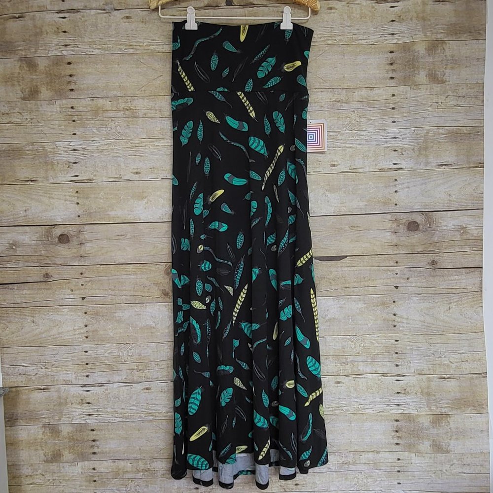 NWT LuLaRoe Maxi Skirt/Dress XS - Grean & Yellow Feathers on Black